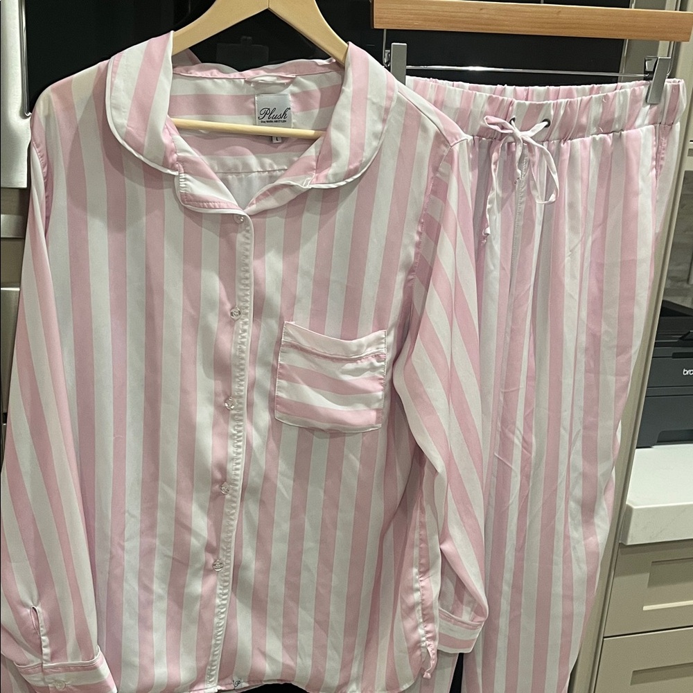 PLUSH: Pink & White Stripped Long Sleeve & Pant Pajama Set